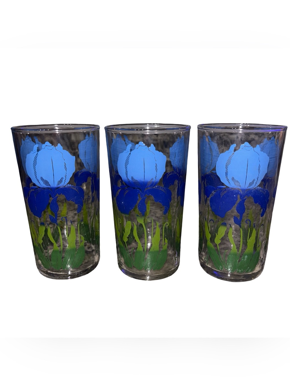 Vintage Anchor Hocking Blue Iris Juice Glasses Set of 3 Floral Drinkware 4.75in